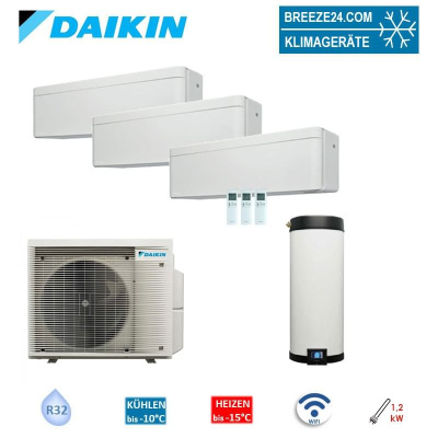 Daikin 4MWXM52A9 Multi+ Set 3 x WiFi Stylish Wandgeräte FTXA20CW + Warmwassertank 120L EKHWET120BV3
