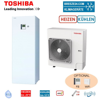Toshiba Wärmepumpen Set ESTIA HWT-1101HW-E+HWT-1101F21MT9W-E Hydrobox 210L HS 9kW IG: 400V-AG: 230V