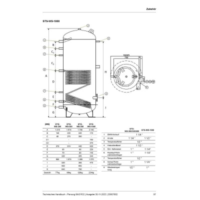 S-Klima STS-WS-300 Brauchwasser Speicher 300 Liter + Heizstab 2.0 kW + 1 Wärmetauscher für Serie SAS