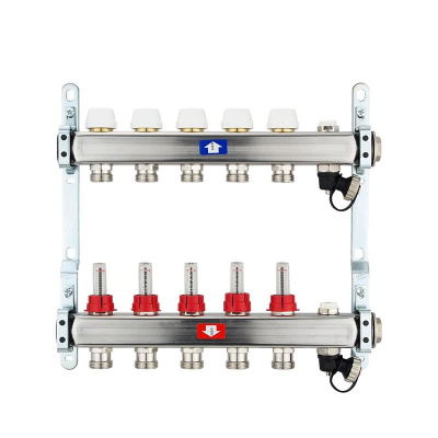 Fußbodenheizungsverteiler aus Edelstahl mit Topmeter für 5 Heizkreise | A |
