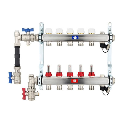 Fußbodenheizungsverteiler aus Edelstahl mit Topmeter für 5 Heizkreise | A |