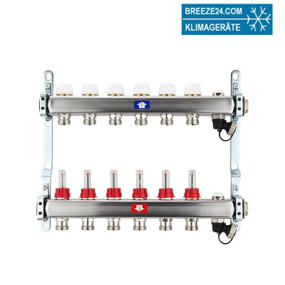 Fußbodenheizungsverteiler aus Edelstahl mit Topmeter für 6 Heizkreise | A |