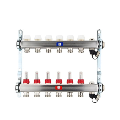 Fußbodenheizungsverteiler aus Edelstahl mit Topmeter für 6 Heizkreise | A |