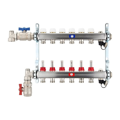 Fußbodenheizungsverteiler aus Edelstahl mit Topmeter für 6 Heizkreise | A |