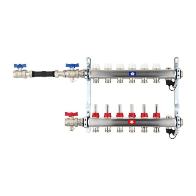 Fußbodenheizungsverteiler aus Edelstahl mit Topmeter für 6 Heizkreise | A |