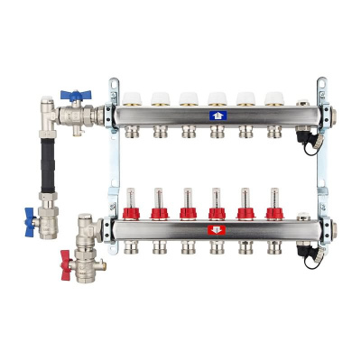Fußbodenheizungsverteiler aus Edelstahl mit Topmeter für 6 Heizkreise | A |
