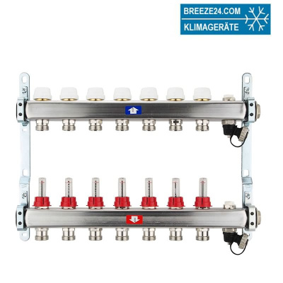 Fußbodenheizungsverteiler aus Edelstahl mit Topmeter für 7 Heizkreise | A |