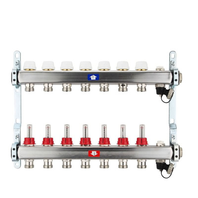 Fußbodenheizungsverteiler aus Edelstahl mit Topmeter für 7 Heizkreise | A |
