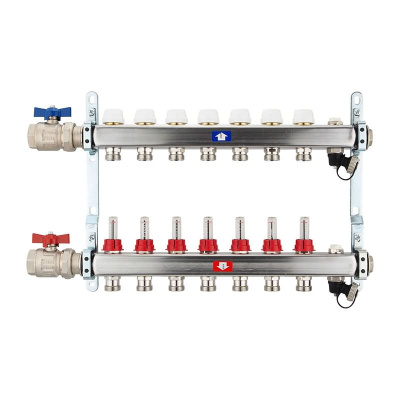 Fußbodenheizungsverteiler aus Edelstahl mit Topmeter für 7 Heizkreise | A |