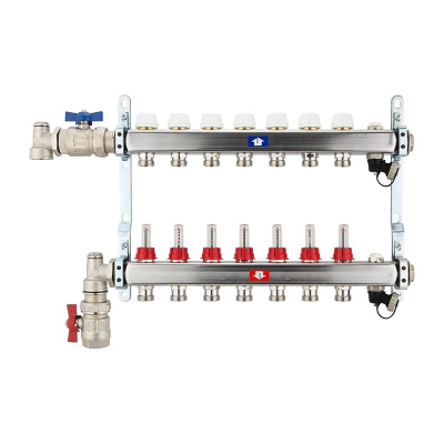 Fußbodenheizungsverteiler aus Edelstahl mit Topmeter für 7 Heizkreise | A |