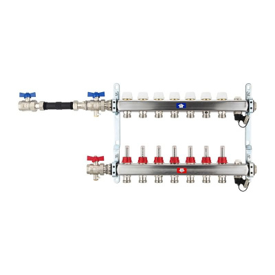 Fußbodenheizungsverteiler aus Edelstahl mit Topmeter für 7 Heizkreise | A |
