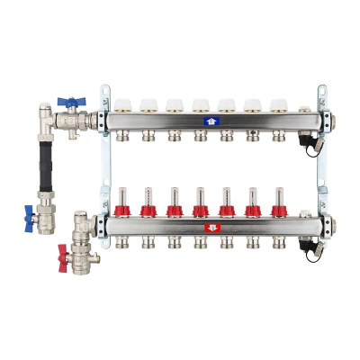 Fußbodenheizungsverteiler aus Edelstahl mit Topmeter für 7 Heizkreise | A |