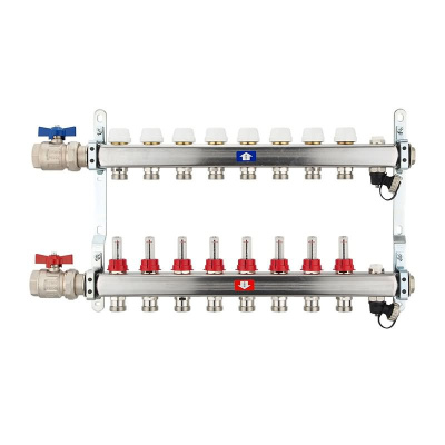 Fußbodenheizungsverteiler aus Edelstahl mit Topmeter für 8 Heizkreise | A |