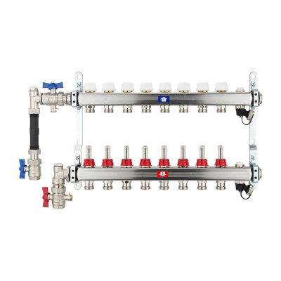 Fußbodenheizungsverteiler aus Edelstahl mit Topmeter für 8 Heizkreise | A |