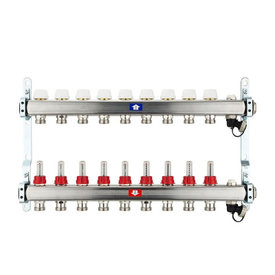 Fußbodenheizungsverteiler aus Edelstahl mit Topmeter für 9 Heizkreise | A |