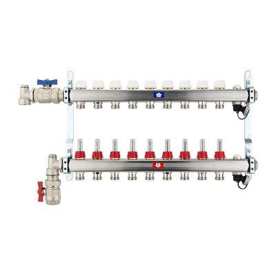 Fußbodenheizungsverteiler aus Edelstahl mit Topmeter für 9 Heizkreise | A |