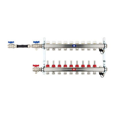 Fußbodenheizungsverteiler aus Edelstahl mit Topmeter für 9 Heizkreise | A |