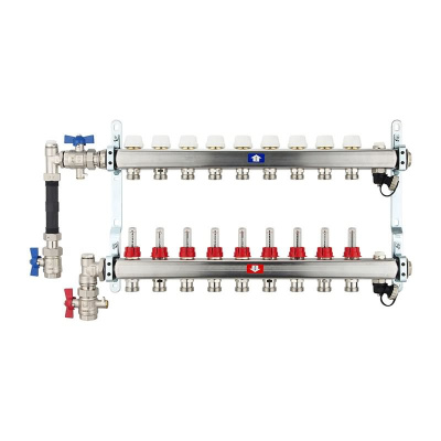 Fußbodenheizungsverteiler aus Edelstahl mit Topmeter für 9 Heizkreise | A |