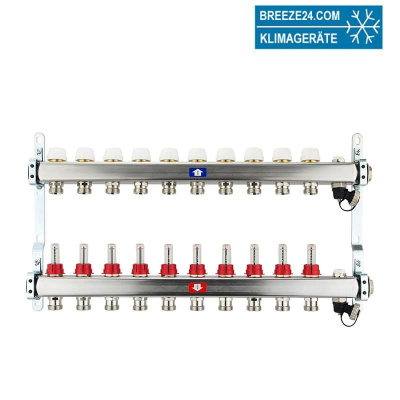 Fußbodenheizungsverteiler aus Edelstahl mit Topmeter für 10 Heizkreise