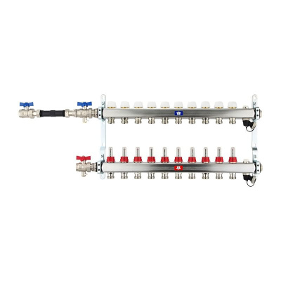 Fußbodenheizungsverteiler aus Edelstahl mit Topmeter für 10 Heizkreise | A |