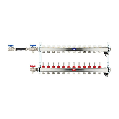 Fußbodenheizungsverteiler aus Edelstahl mit Topmeter für 12 Heizkreise | A |